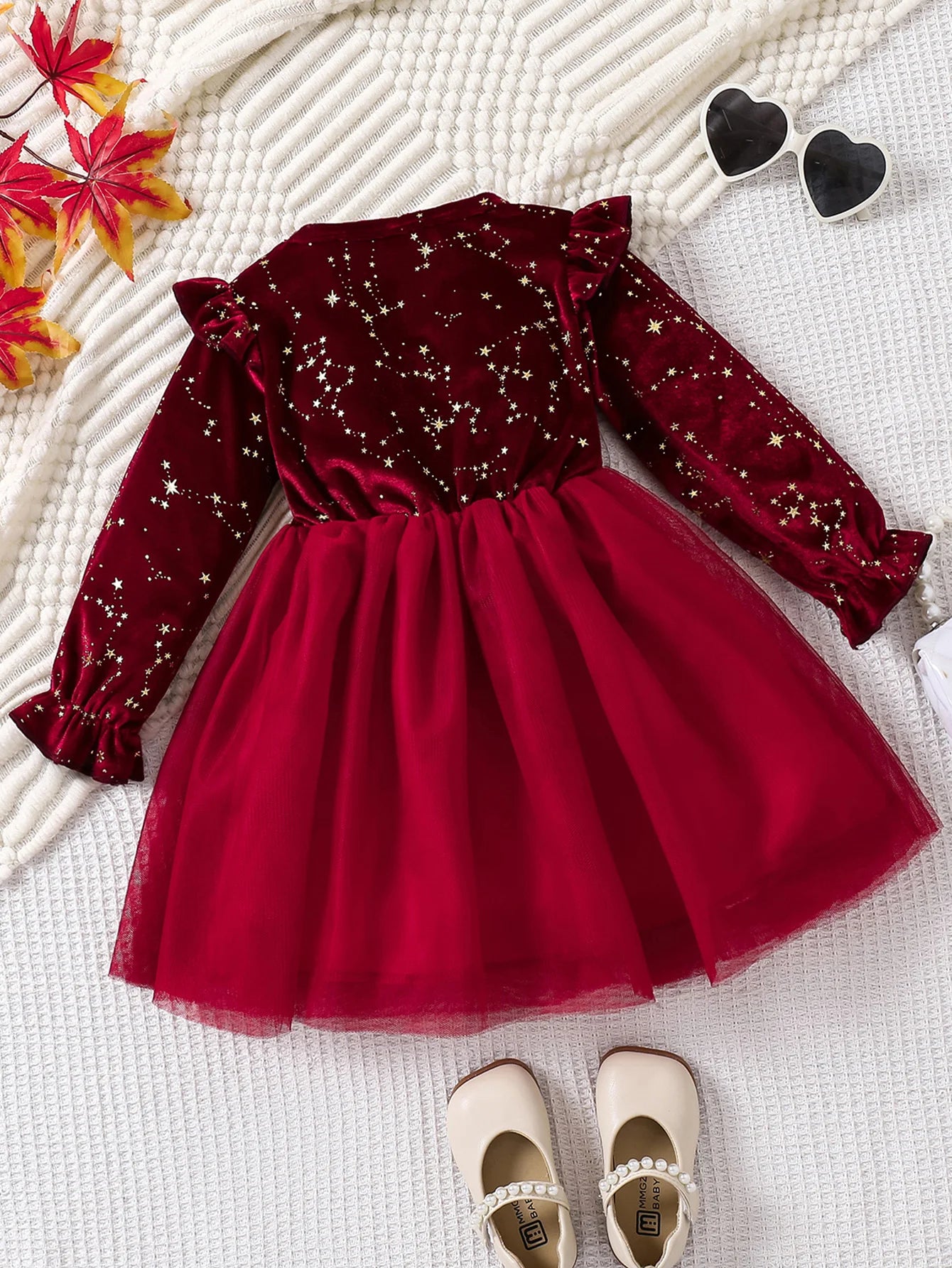 Red Velvet Party Dress - Princess Gown with Star Mesh (1-8 Years)