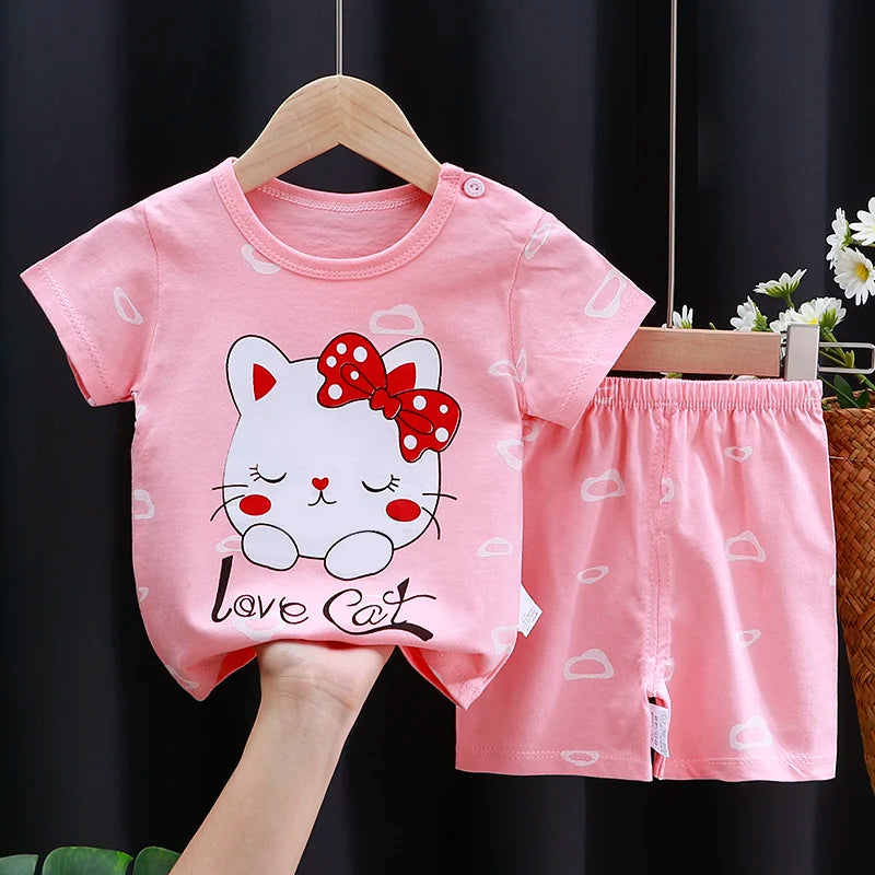 Kids Clothes Set – Baby Boy/Girl T-Shirt + Shorts Summer Clothing in Cotton with Cartoon Design (6M-4Years)