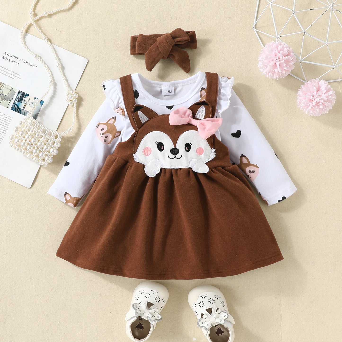 3PCS Baby Girl Fox Print Long Sleeve Onesie with Triangle Bib, Fox Plush Embroidery Overall Dress Set
