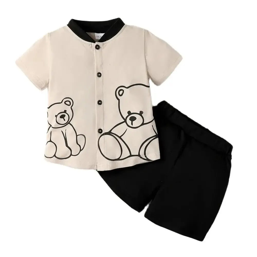 Toddler Boy Clothes Set – Bear Print Short Sleeve Top with Button Style + Shorts (1-6 Years)