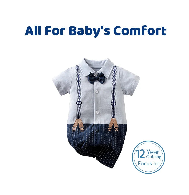 Newborn Baby Gentleman Party Outfit | Soft Cotton Short Sleeve Bodysuit for Boys (0-18 Months)