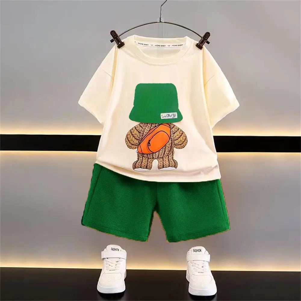 2PCS Children’s Clothing Boys Outfit | Bear Backpack Print T-Shirt & Shorts Set (2-6 Years)
