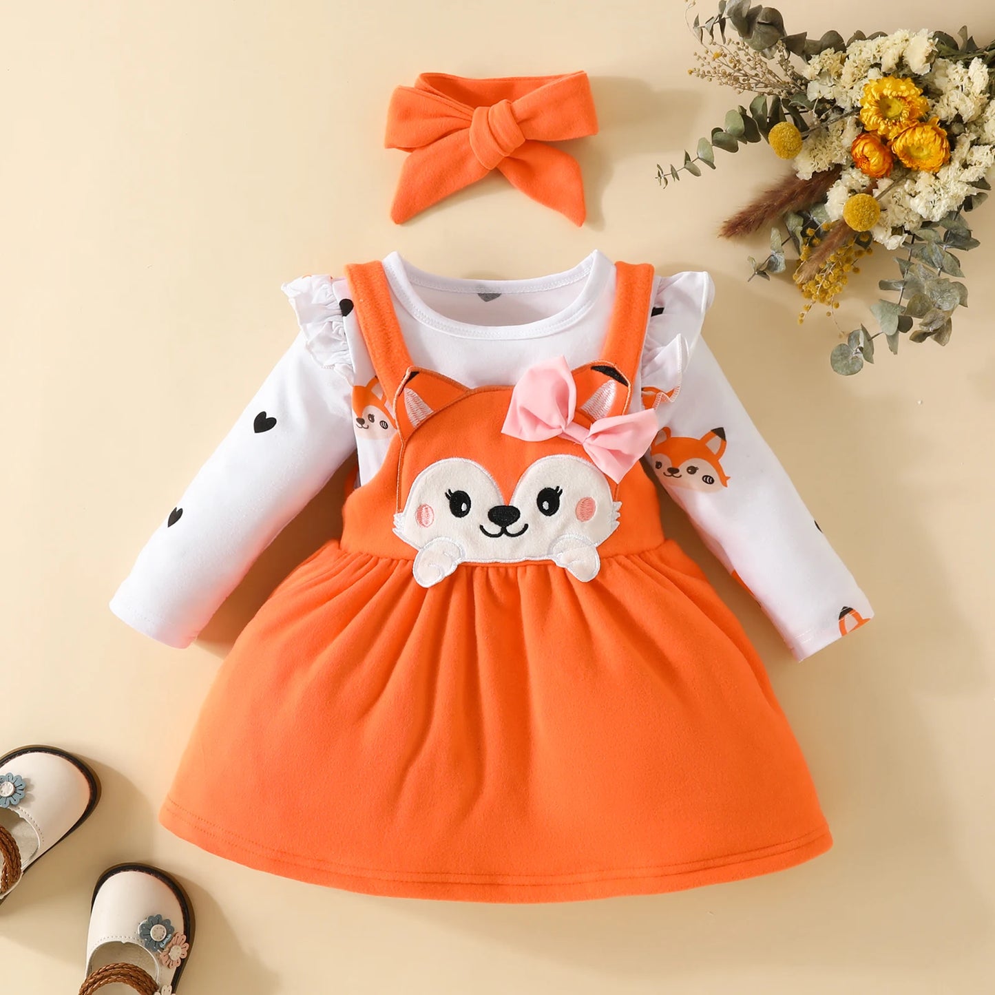 3PCS Baby Girl Fox Print Long Sleeve Onesie with Triangle Bib, Fox Plush Embroidery Overall Dress Set