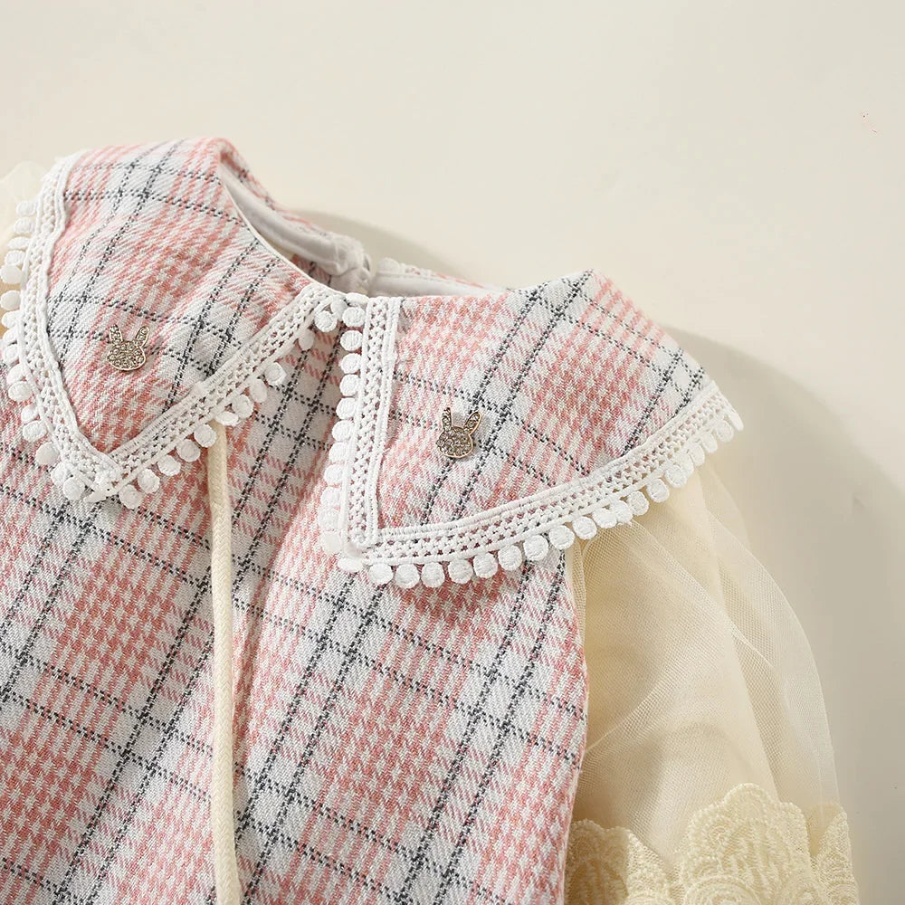 New Winter Baby Girls' Dress – Bubble Sleeve Lapel Plaid Pattern with Faux Two Layers and Diagonal Treasure Flower, Sweet Princess Dress(6M-3Years)