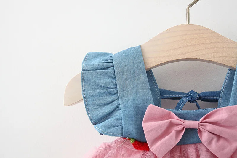 Summer Girls' Dress – Cute and Sweet Denim Mesh Strawberry Embroidered Princess Dress for Parties(6M-3Years)