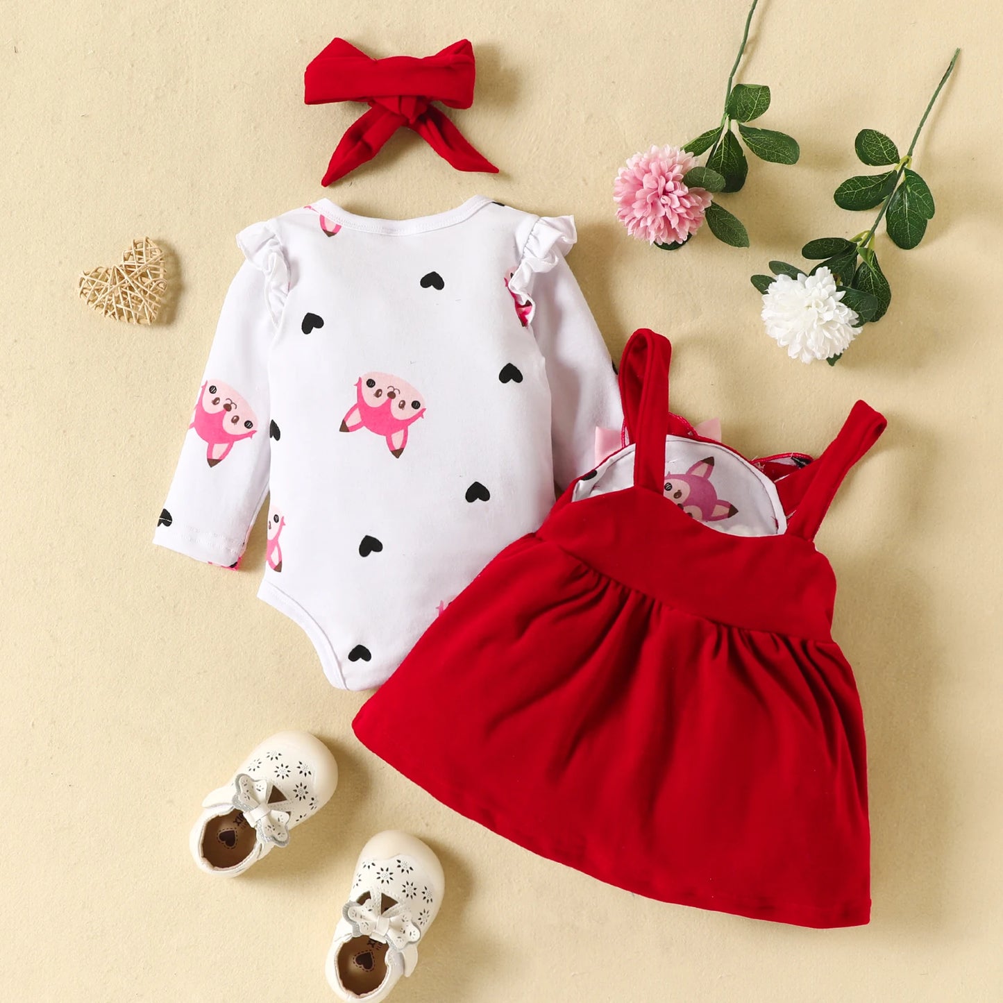 3PCS Baby Girl Fox Print Long Sleeve Onesie with Triangle Bib, Fox Plush Embroidery Overall Dress Set