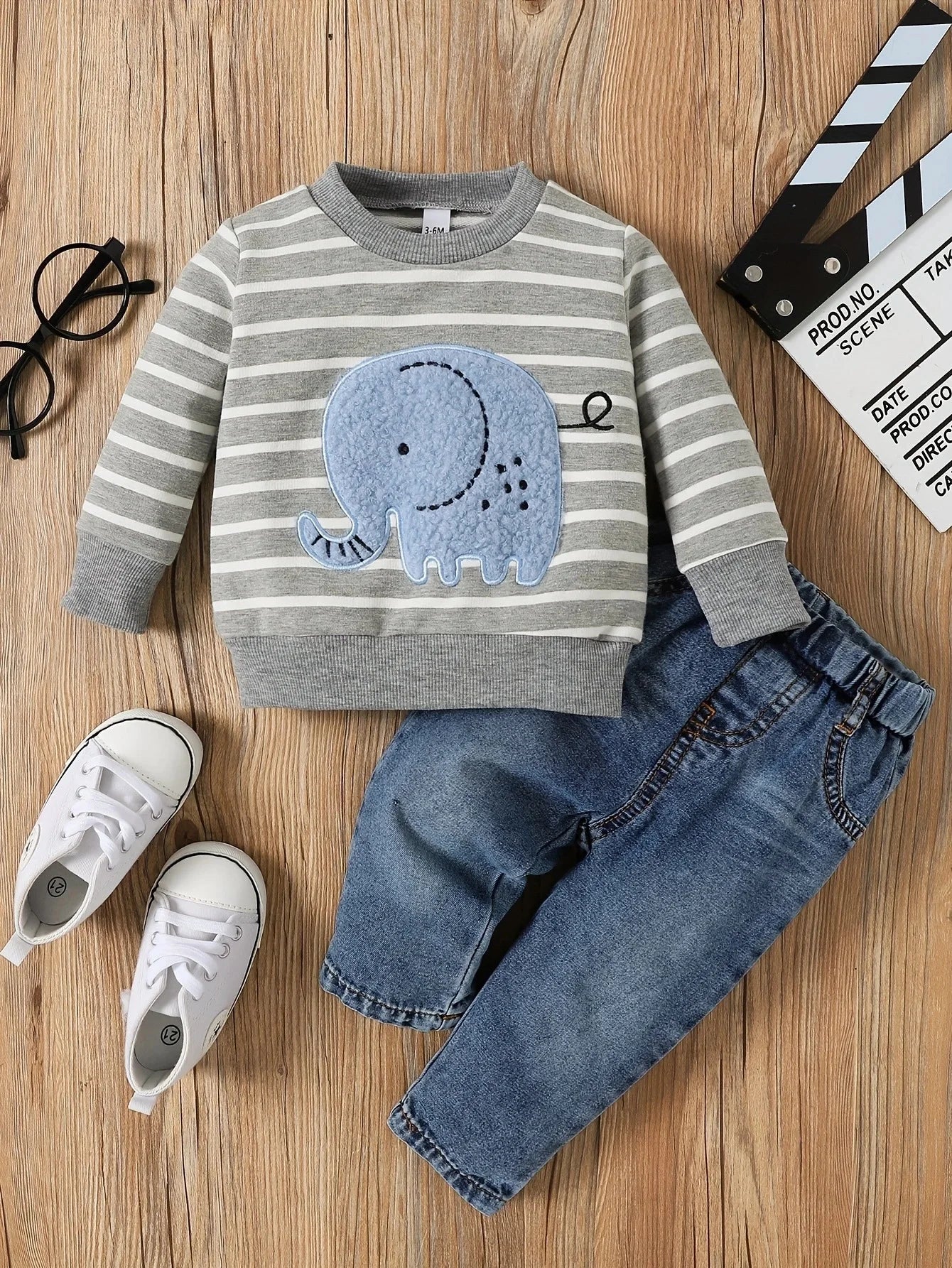 Baby & Toddler Outfit | Elephant Stripe Top & Cute Print Jeans Set for (0-2 Years)