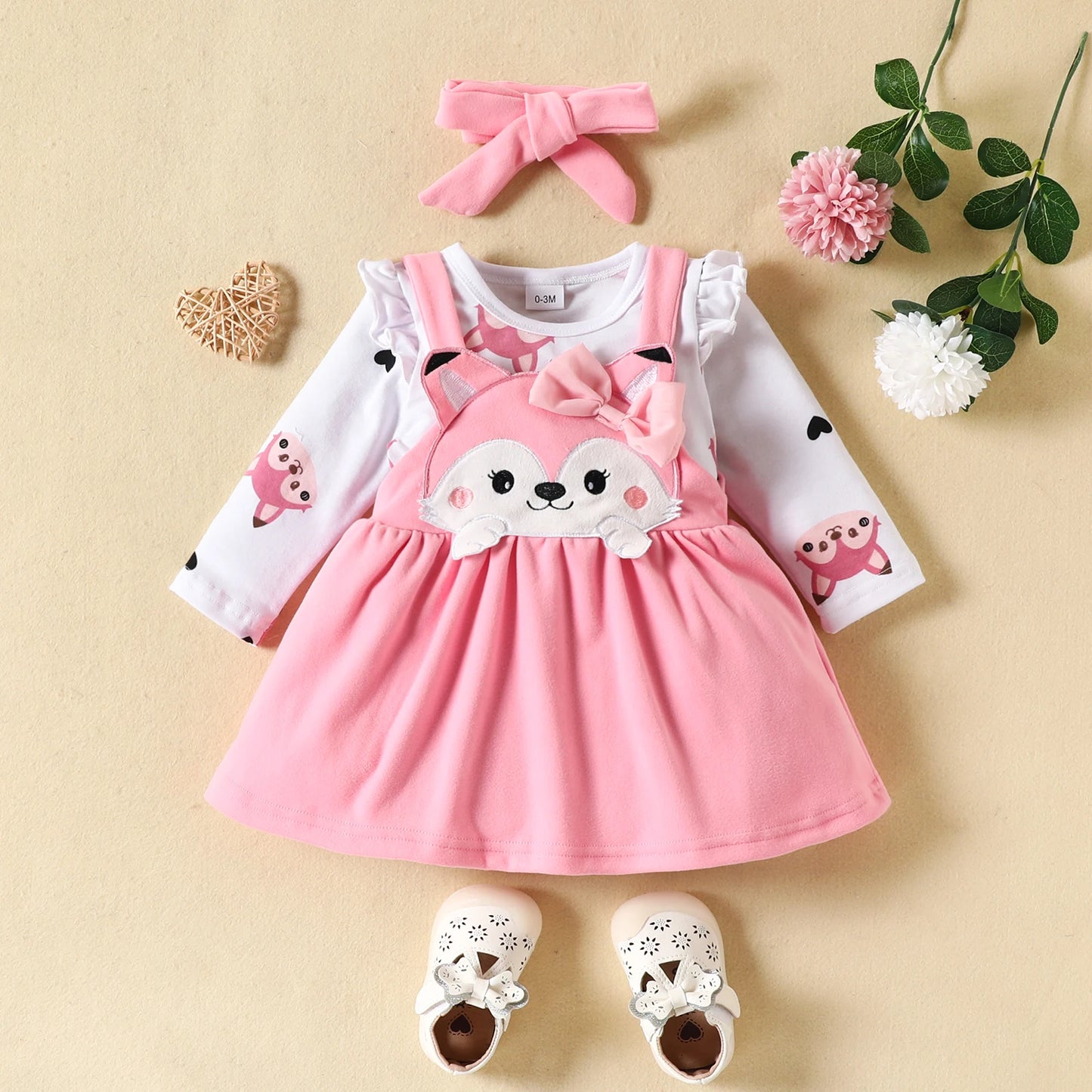 3PCS Baby Girl Fox Print Long Sleeve Onesie with Triangle Bib, Fox Plush Embroidery Overall Dress Set