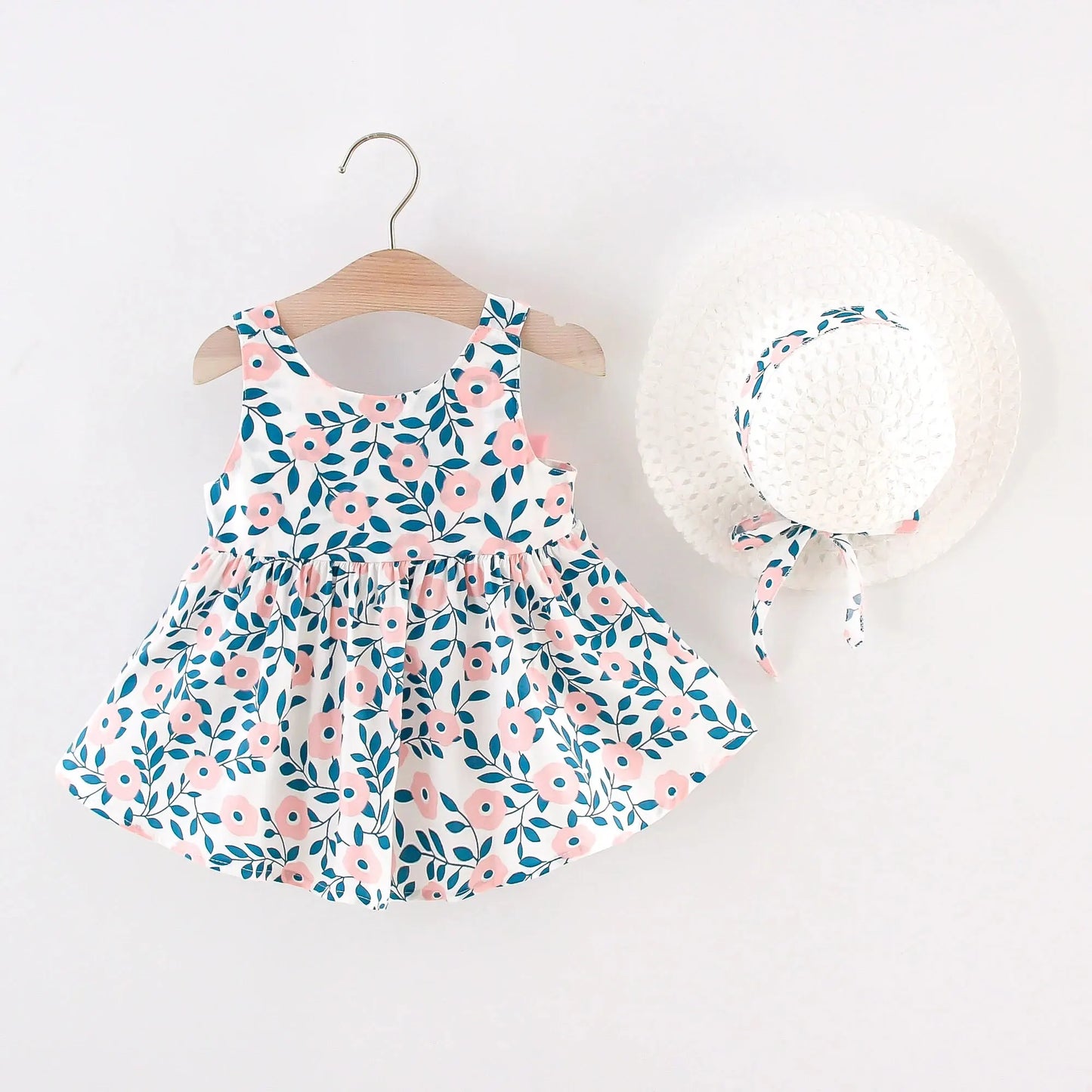 2-Piece Girls’ Summer Dress – Round Neck with Cute Back Big Bow, Cotton Skirt, and Matching Hat for Children’s Clothing (6M-3Years)