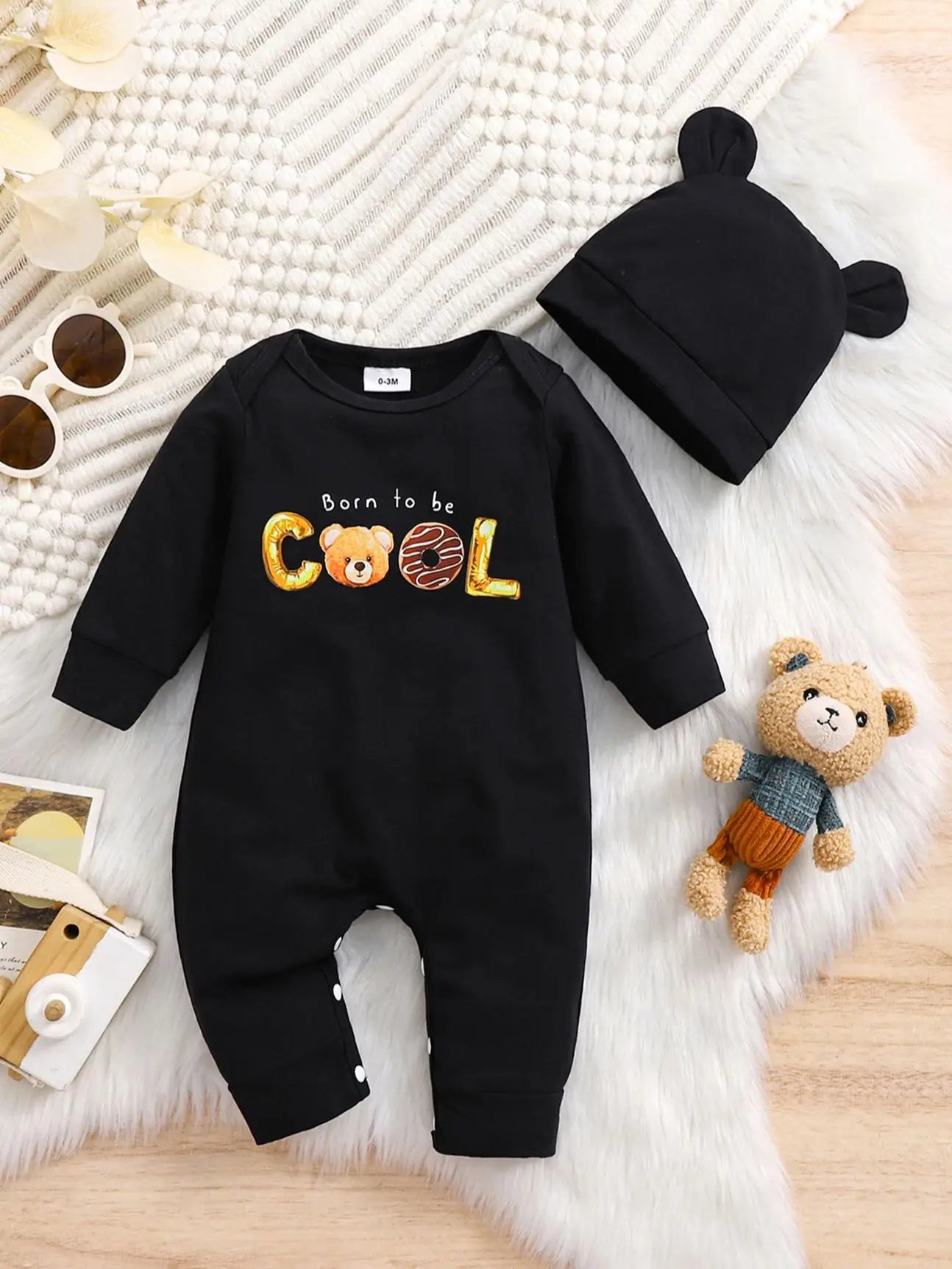 Newborn Baby Boys Romper with Hat ‘’Born to be COOL‘’ Cartoon Bear Print Long Sleeve