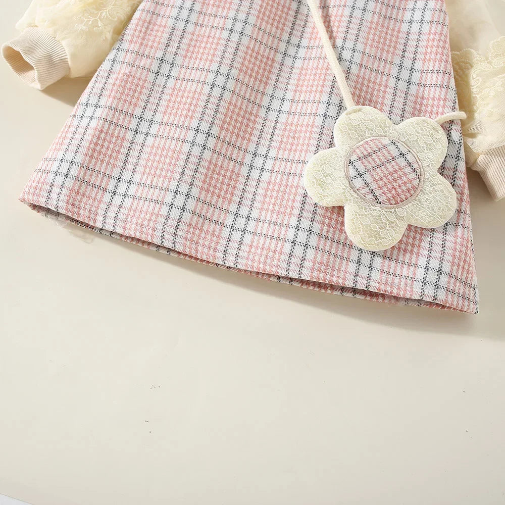 New Winter Baby Girls' Dress – Bubble Sleeve Lapel Plaid Pattern with Faux Two Layers and Diagonal Treasure Flower, Sweet Princess Dress(6M-3Years)