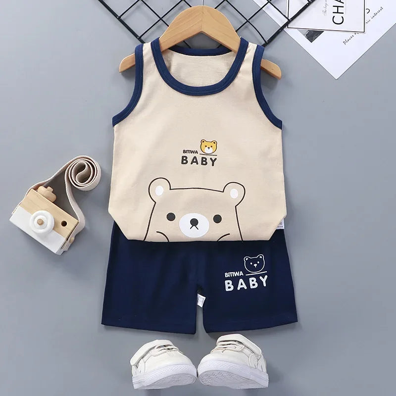 Kids' Summer Cotton Clothing Set - Boys' & Girls' Sleeveless Vest, T-Shirt, and Shorts Outfit (9M-7Years).