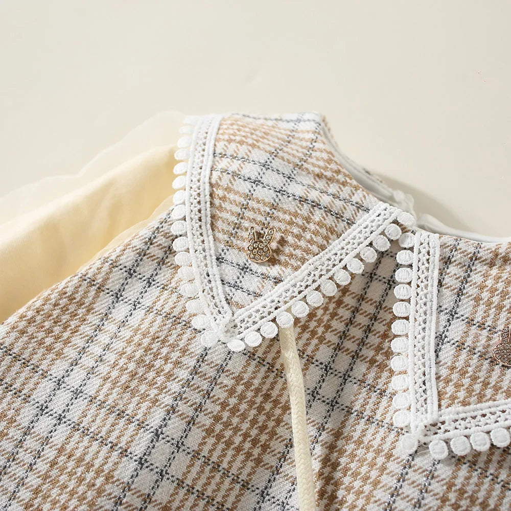 New Winter Baby Girls' Dress – Bubble Sleeve Lapel Plaid Pattern with Faux Two Layers and Diagonal Treasure Flower, Sweet Princess Dress(6M-3Years)