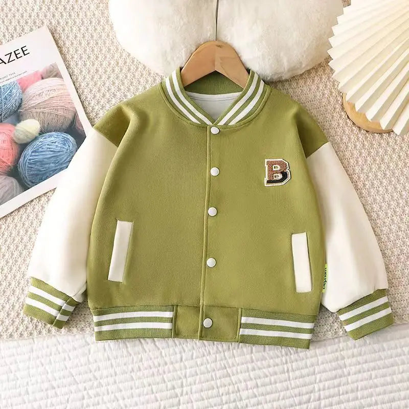 Baseball Jacket: Stylish Round Collar Coat for Boys and Girls. Designed for children aged 12 months to 12 years.
