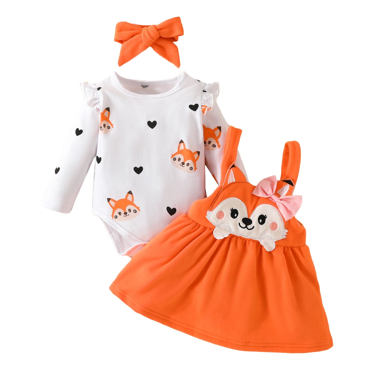 3PCS Baby Girl Fox Print Long Sleeve Onesie with Triangle Bib, Fox Plush Embroidery Overall Dress Set