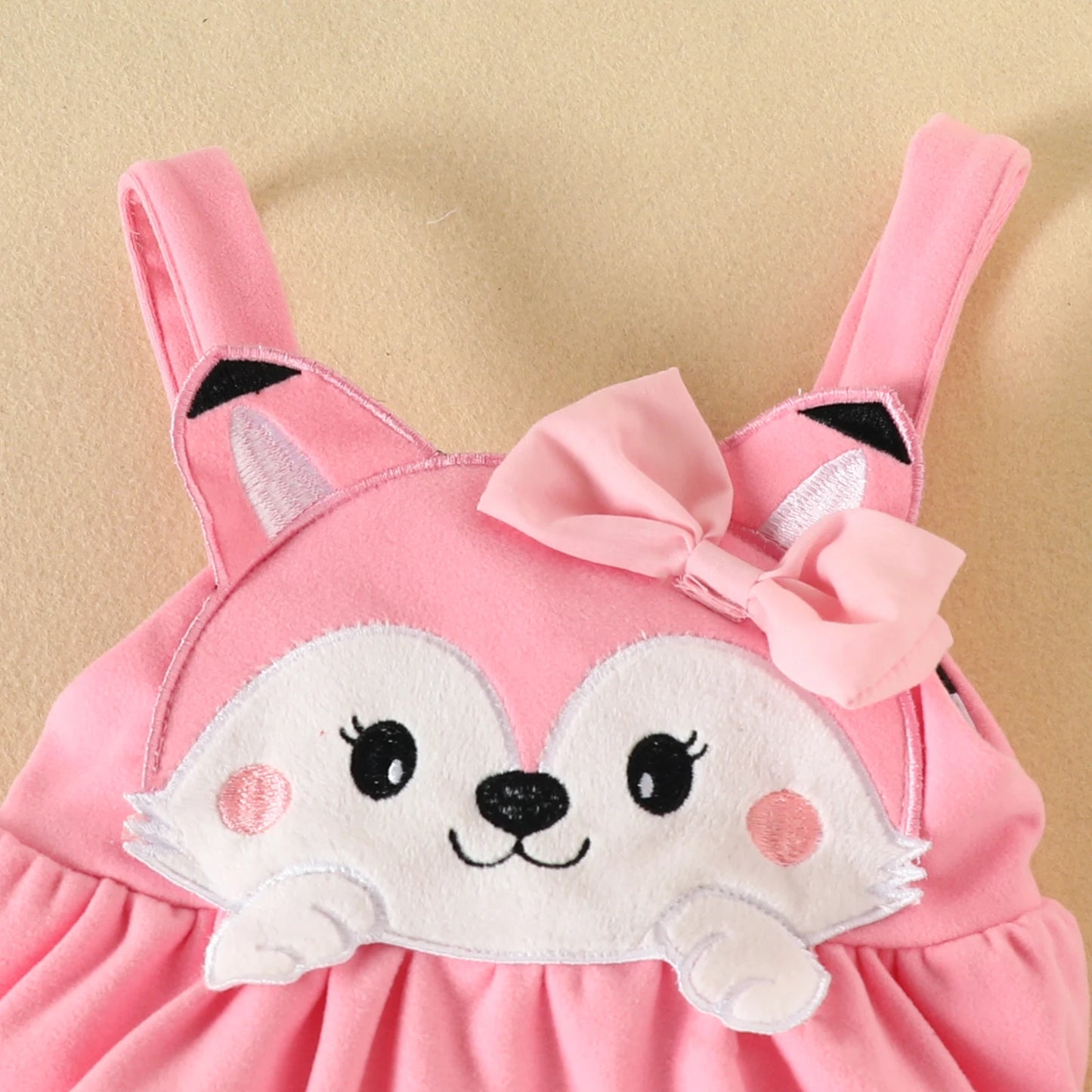 3PCS Baby Girl Fox Print Long Sleeve Onesie with Triangle Bib, Fox Plush Embroidery Overall Dress Set