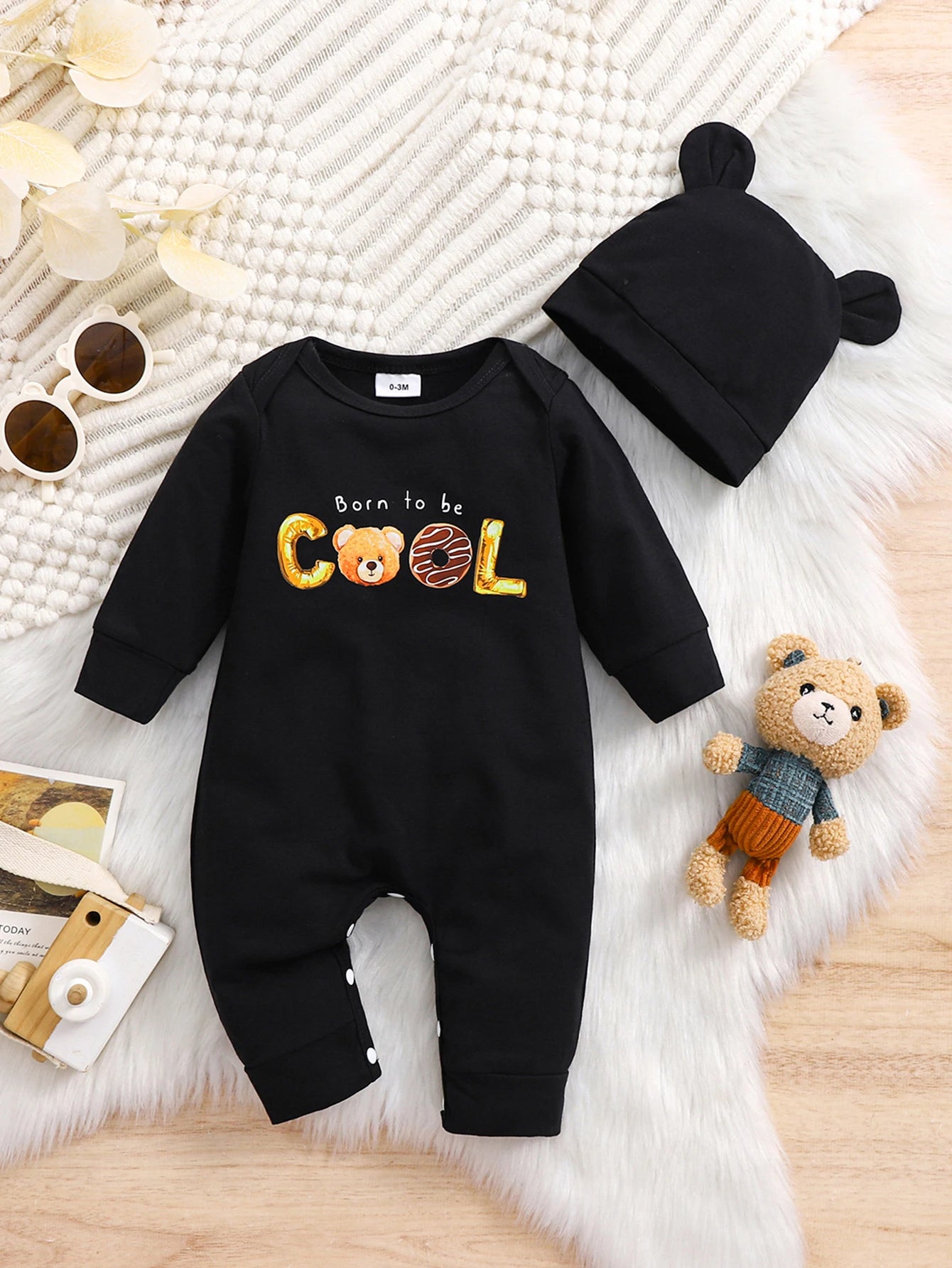 Newborn Baby Boys Romper with Hat ‘’Born to be COOL‘’ Cartoon Bear Print Long Sleeve