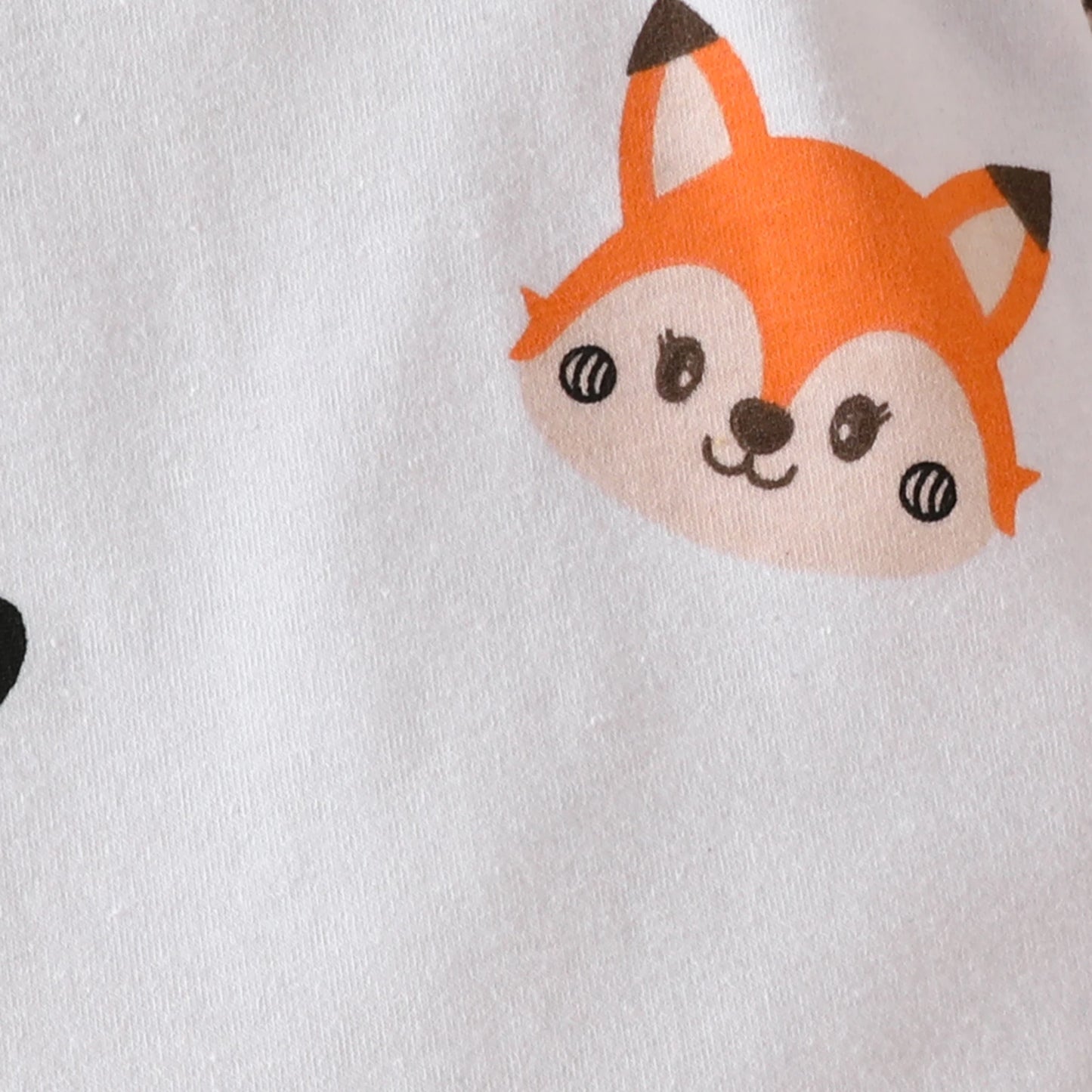 3PCS Baby Girl Fox Print Long Sleeve Onesie with Triangle Bib, Fox Plush Embroidery Overall Dress Set