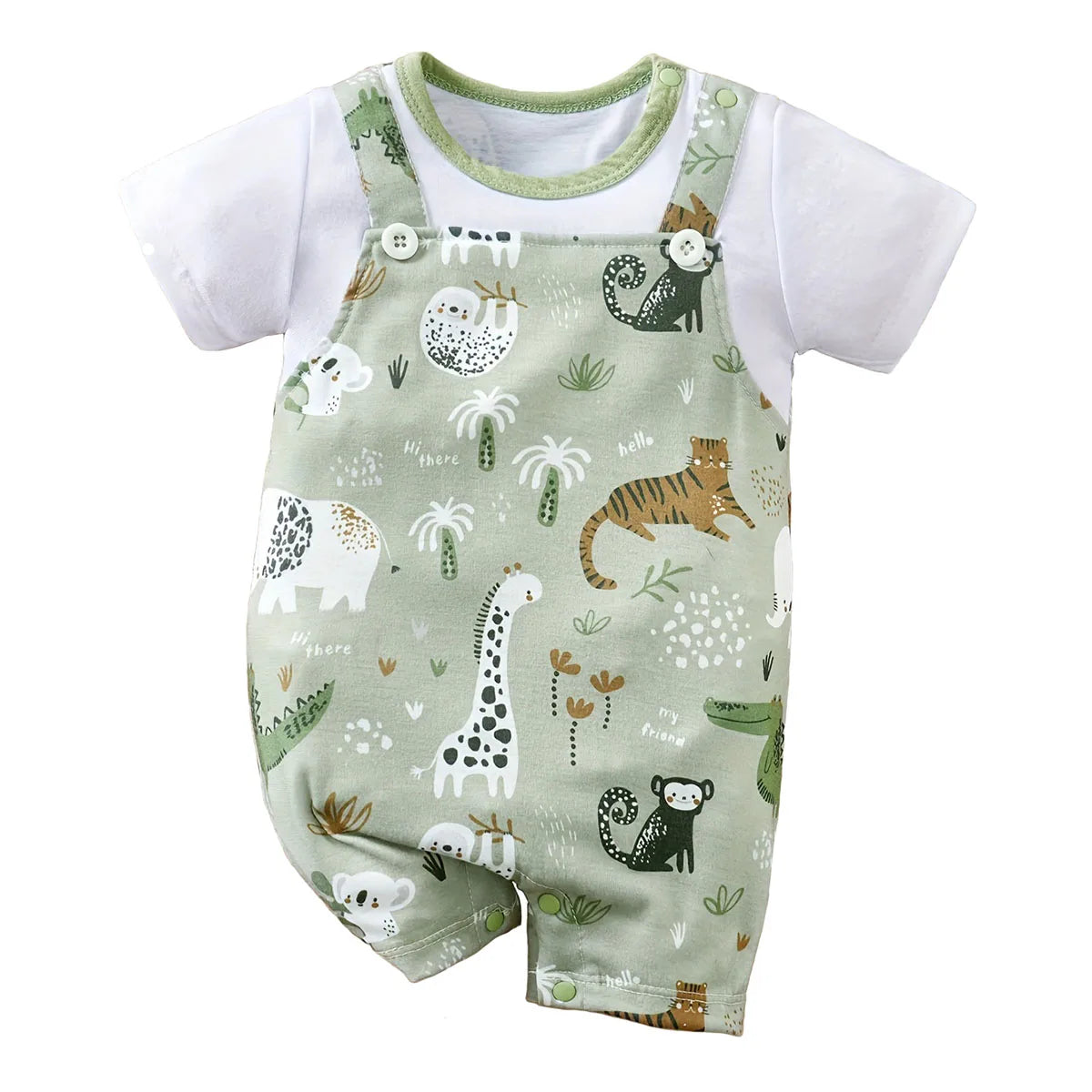 Adorable Infant Zoo Animal Print Romper – Faux Two-Piece Short Sleeve Bodysuit for Newborn Baby Boys (0-18Months).