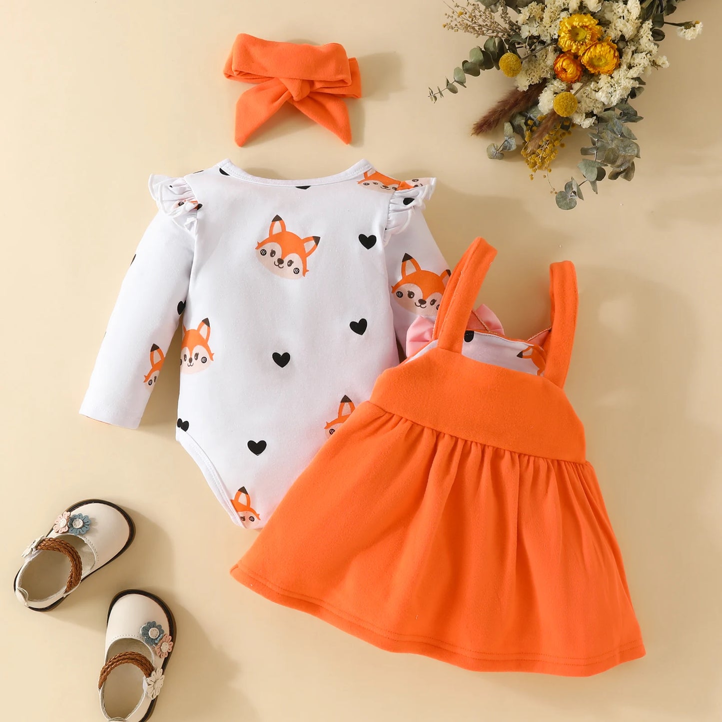 3PCS Baby Girl Fox Print Long Sleeve Onesie with Triangle Bib, Fox Plush Embroidery Overall Dress Set