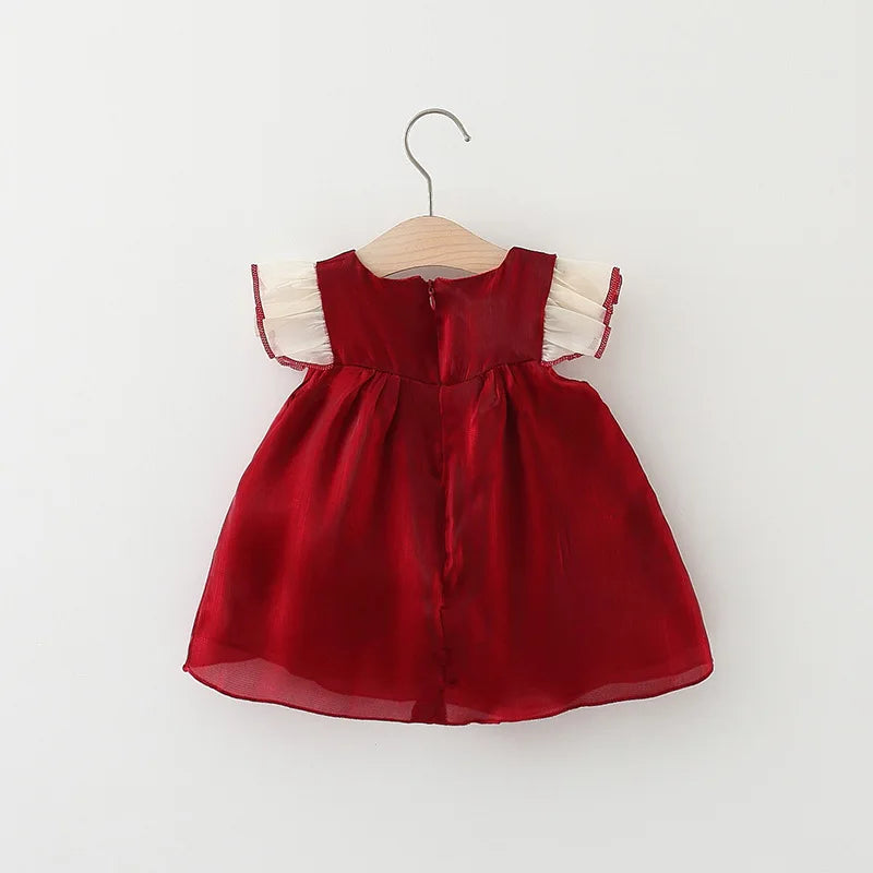 Dress for Girls – Summer Solid Red Dress with Flying Sleeves and Bow, Twilight Cloud Princess Dress Suitable for Babies Aged (6M-3 Years)