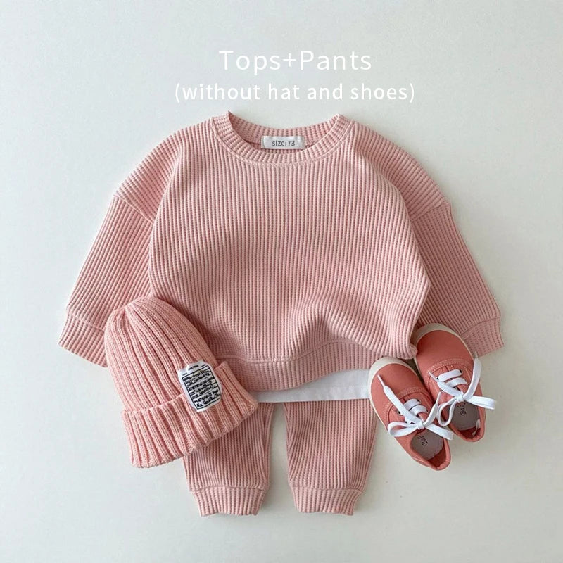 Baby Clothing Set | Waffle Cotton Tracksuit for Boys 2-Piece Pullover Top & Pants (9M-3Years)