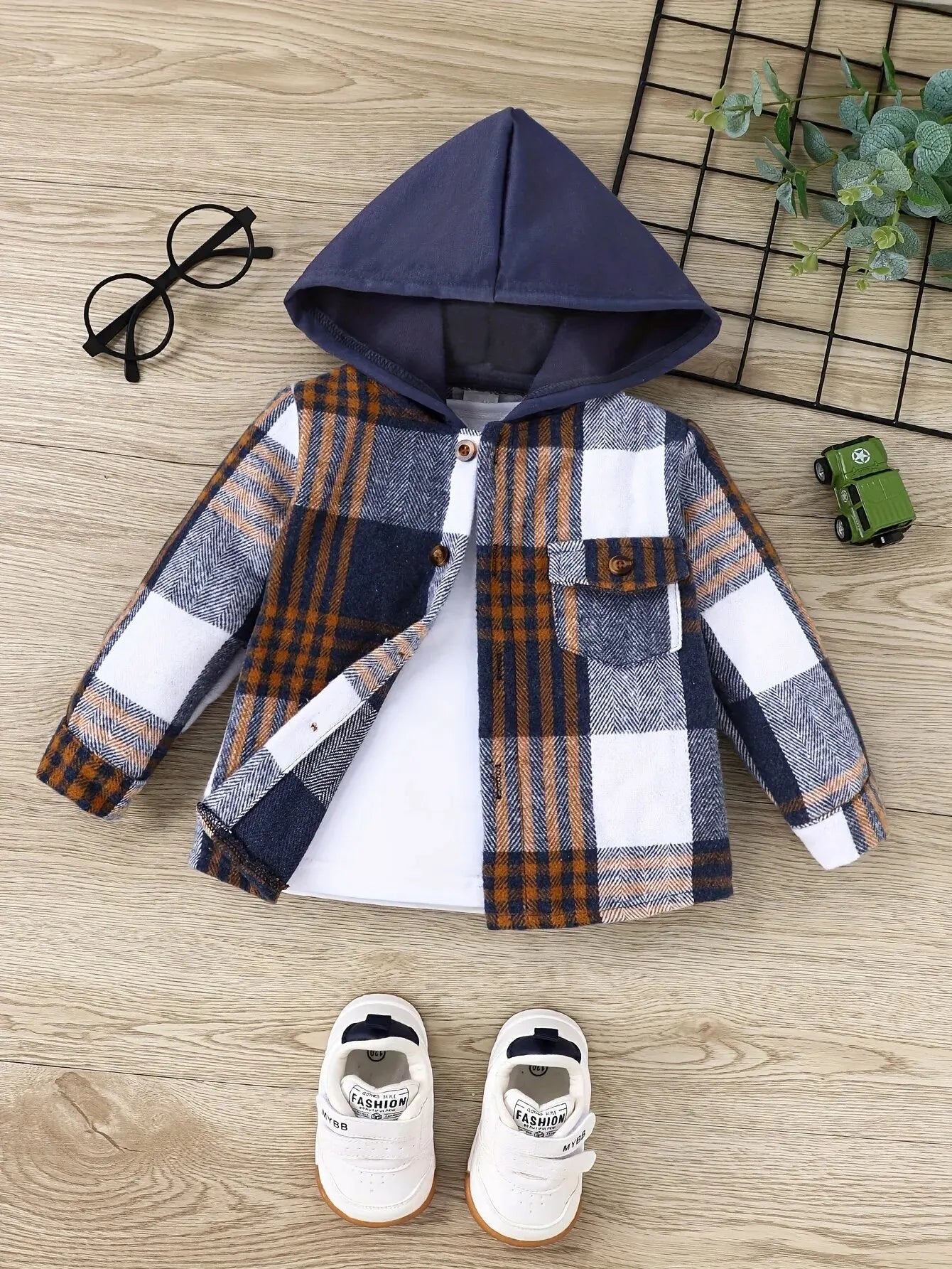 Autumn and Winter Plaid Jacket for Baby Boys: English-Style Hooded Coat with Pockets(6M-3 Years)