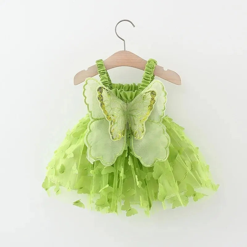 Girls' Summer Princess Dress with Colorful Mesh Butterfly Wings and Drawstring Waist - Perfect for Parties(6M-3Years) .