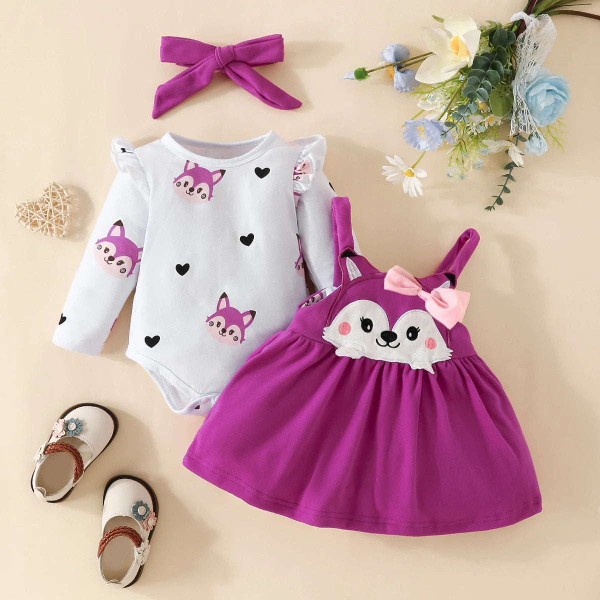 3PCS Baby Girl Fox Print Long Sleeve Onesie with Triangle Bib, Fox Plush Embroidery Overall Dress Set
