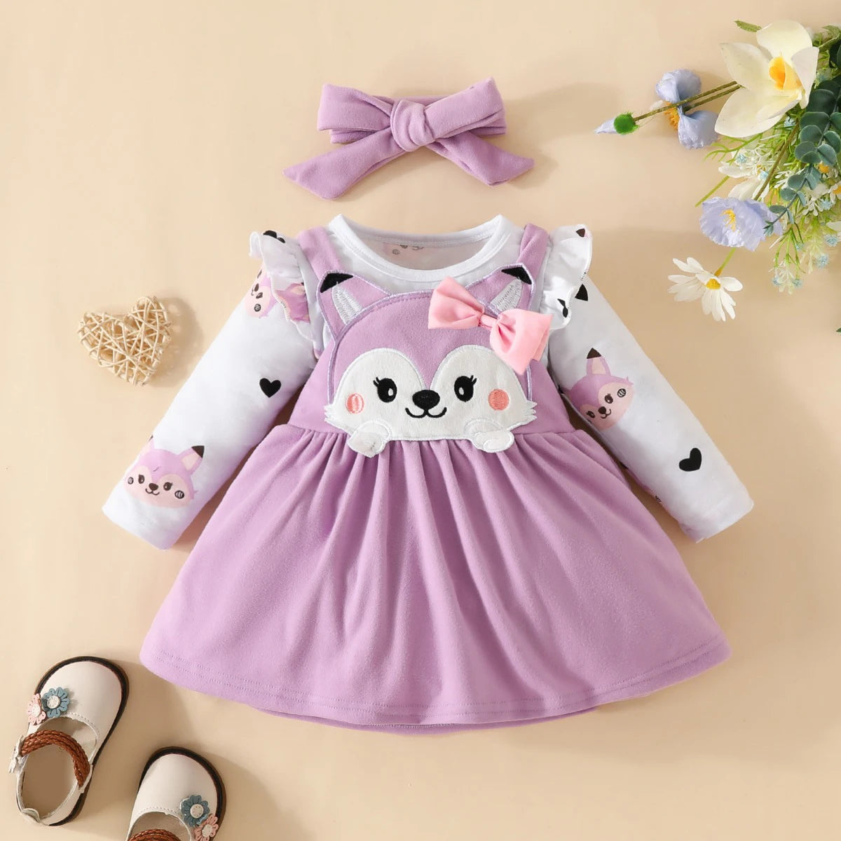 3PCS Baby Girl Fox Print Long Sleeve Onesie with Triangle Bib, Fox Plush Embroidery Overall Dress Set