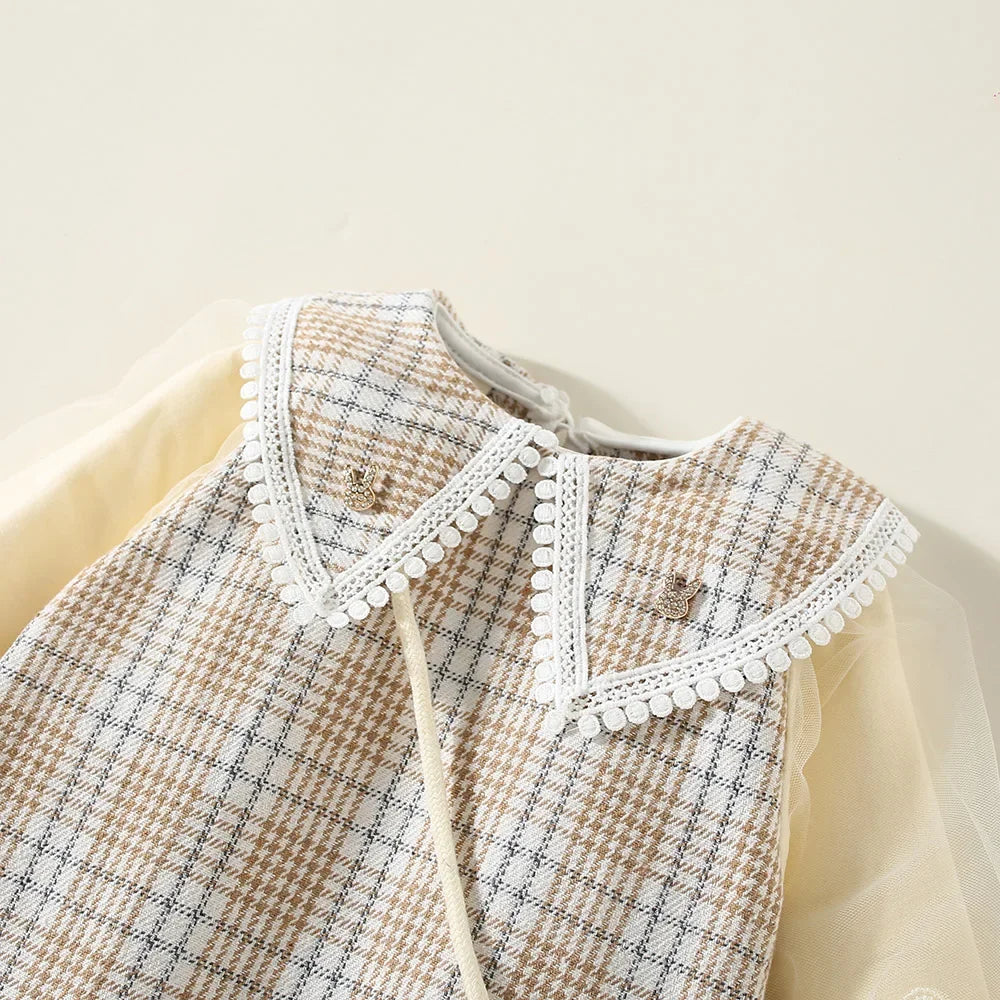 New Winter Baby Girls' Dress – Bubble Sleeve Lapel Plaid Pattern with Faux Two Layers and Diagonal Treasure Flower, Sweet Princess Dress(6M-3Years)