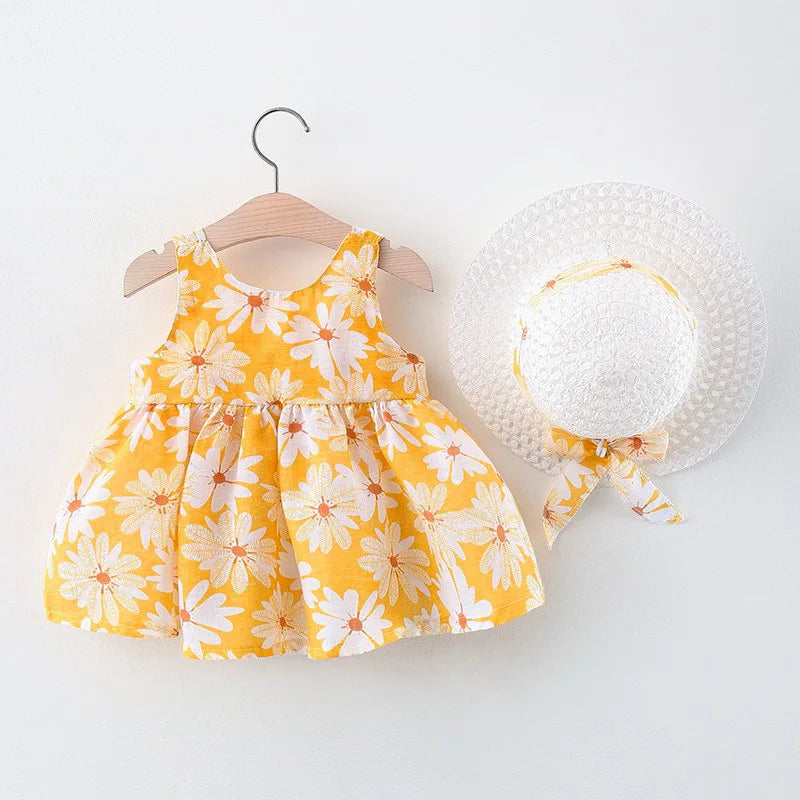 Summer Girls- Fashion Chrysanthemum Print Dress with Straps and Large Bow - Princess Party Outfit for (0-3 Years).