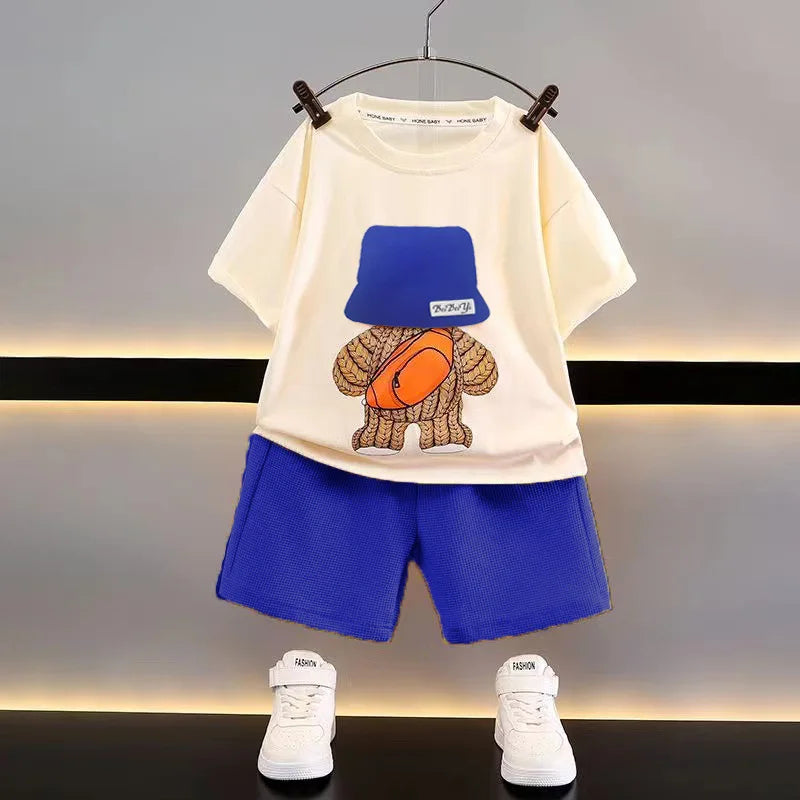 2PCS Children’s Clothing Boys Outfit | Bear Backpack Print T-Shirt & Shorts Set (2-6 Years)