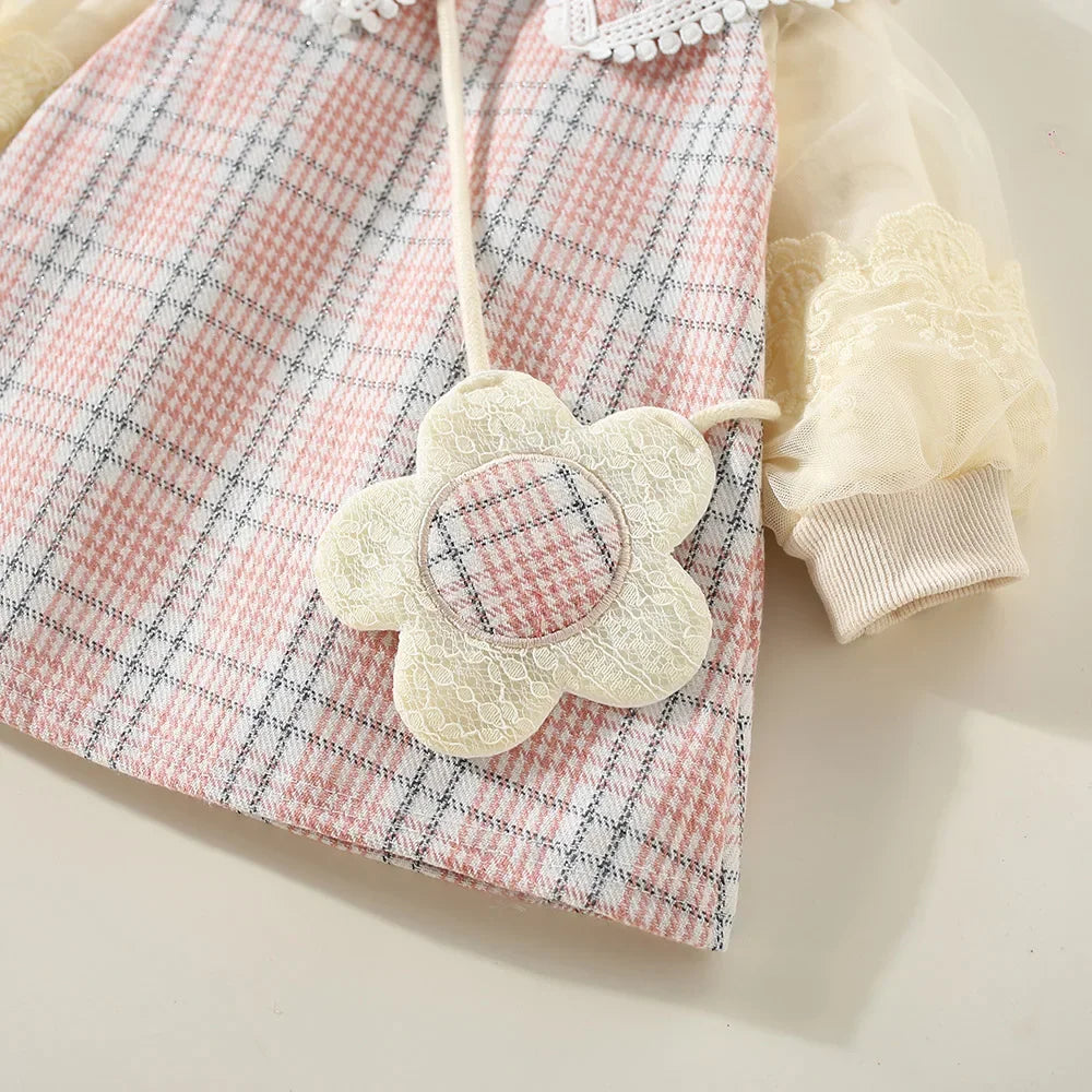 New Winter Baby Girls' Dress – Bubble Sleeve Lapel Plaid Pattern with Faux Two Layers and Diagonal Treasure Flower, Sweet Princess Dress(6M-3Years)