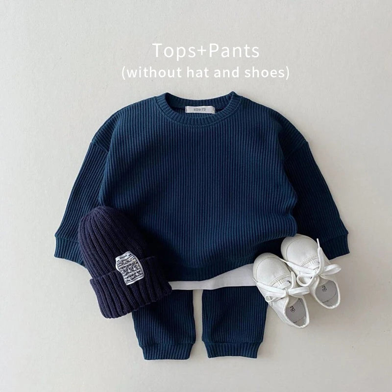 Baby Clothing Set | Waffle Cotton Tracksuit for Boys 2-Piece Pullover Top & Pants (9M-3Years)