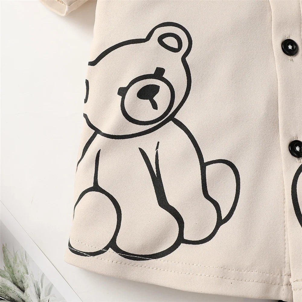 Toddler Boy Clothes Set – Bear Print Short Sleeve Top with Button Style + Shorts (1-6 Years)