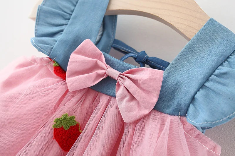 Summer Girls' Dress – Cute and Sweet Denim Mesh Strawberry Embroidered Princess Dress for Parties(6M-3Years)