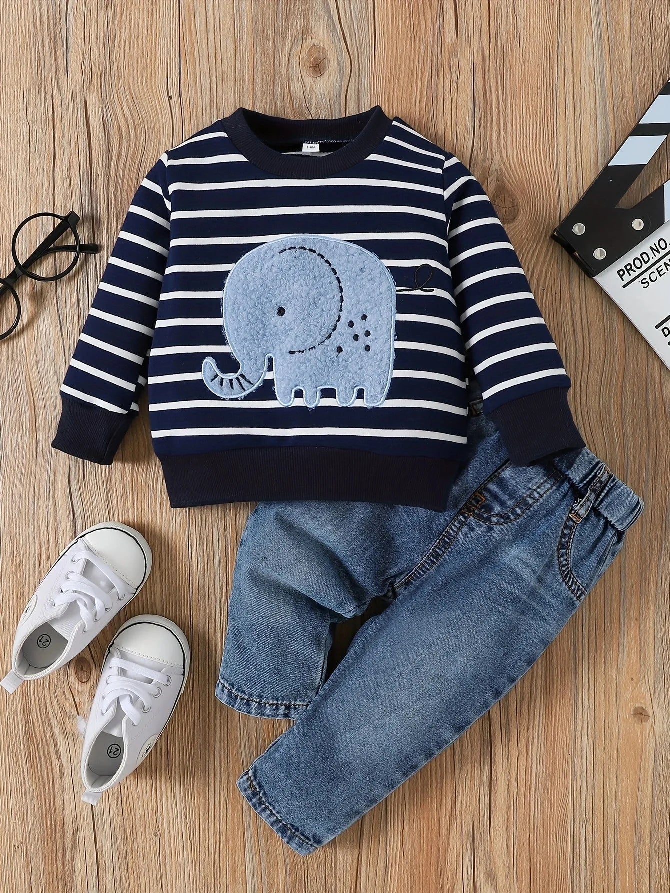 Baby & Toddler Outfit | Elephant Stripe Top & Cute Print Jeans Set for (0-2 Years)