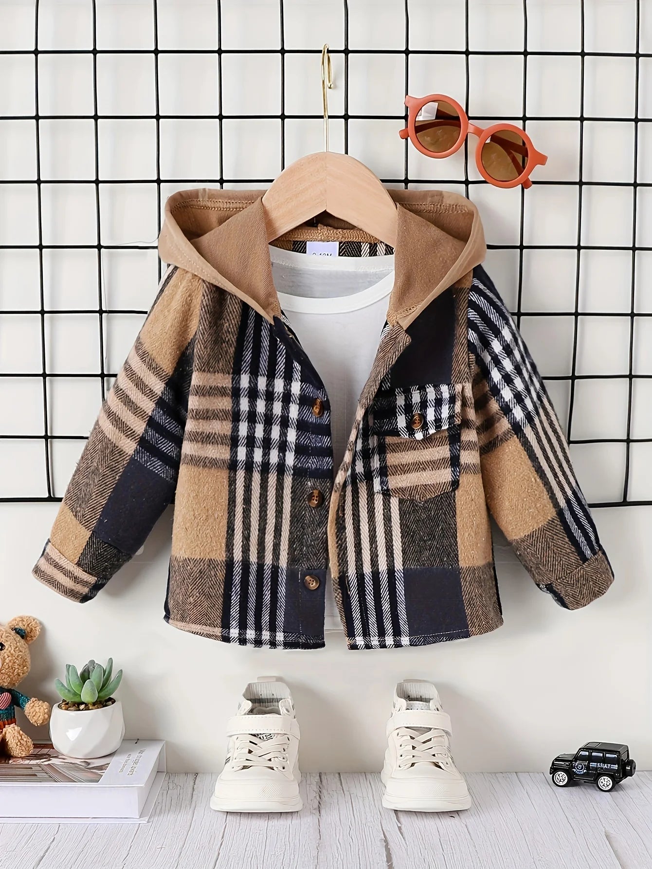 Autumn and Winter Plaid Jacket for Baby Boys: English-Style Hooded Coat with Pockets(6M-3 Years)