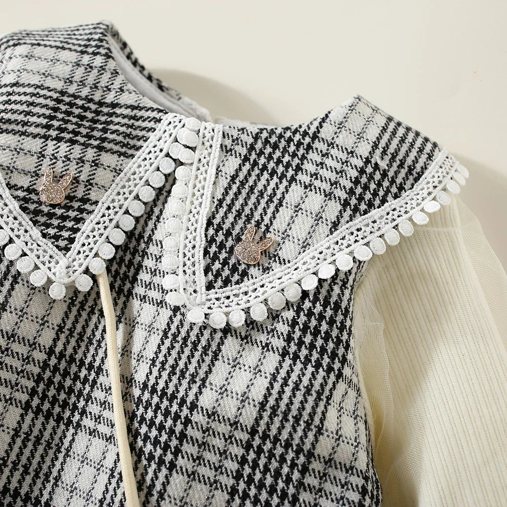 New Winter Baby Girls' Dress – Bubble Sleeve Lapel Plaid Pattern with Faux Two Layers and Diagonal Treasure Flower, Sweet Princess Dress(6M-3Years)