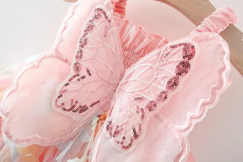 Girls' Summer Princess Dress with Colorful Mesh Butterfly Wings and Drawstring Waist - Perfect for Parties(6M-3Years) .
