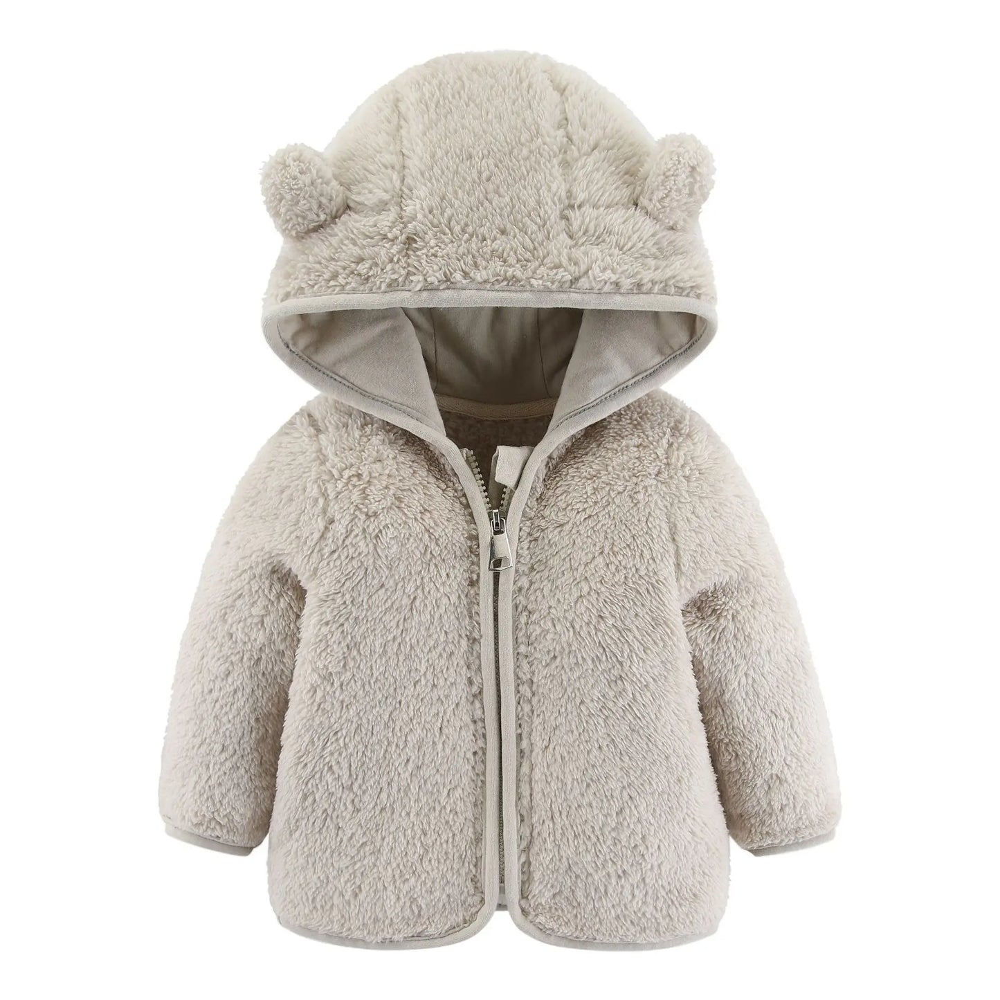 Adorable Spring and Autumn Fleece Coat for Children aged 0-3 years. Featuring cute bear ears and long sleeves.