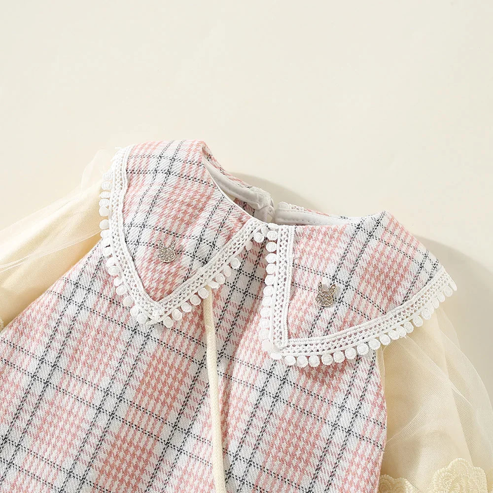 New Winter Baby Girls' Dress – Bubble Sleeve Lapel Plaid Pattern with Faux Two Layers and Diagonal Treasure Flower, Sweet Princess Dress(6M-3Years)