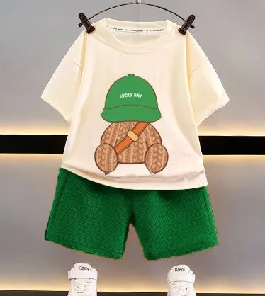 2PCS Children’s Clothing Boys Outfit | Bear Backpack Print T-Shirt & Shorts Set (2-6 Years)