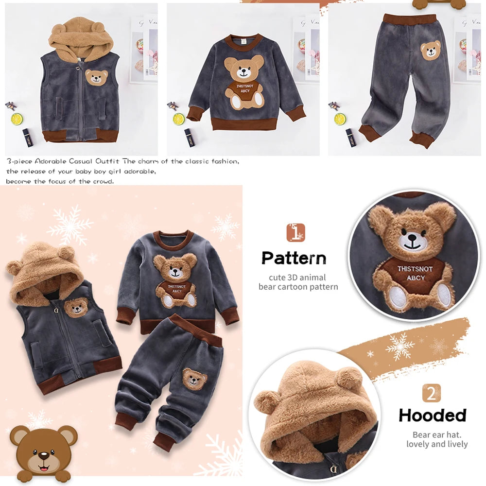 3PCS Baby Winter Clothing Set | Sweater Coat, Hooded Vest & Pants Outfit for Boys & Girls