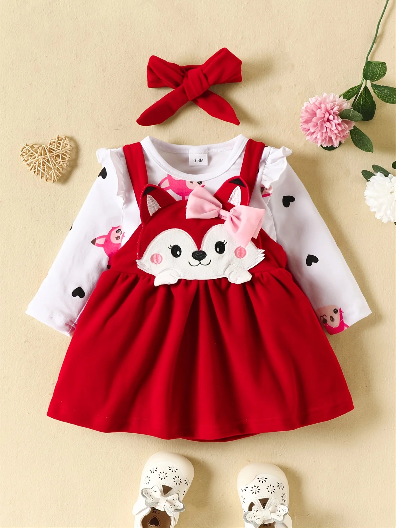 3PCS Baby Girl Fox Print Long Sleeve Onesie with Triangle Bib, Fox Plush Embroidery Overall Dress Set