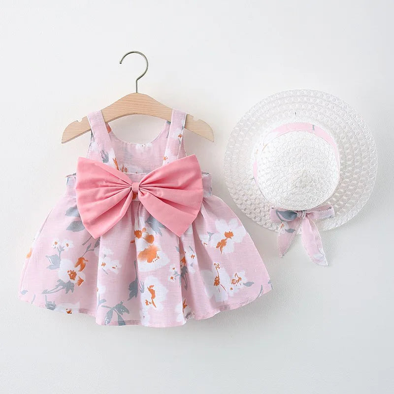 Summer Girls- Fashion Chrysanthemum Print Dress with Straps and Large Bow - Princess Party Outfit for (0-3 Years).
