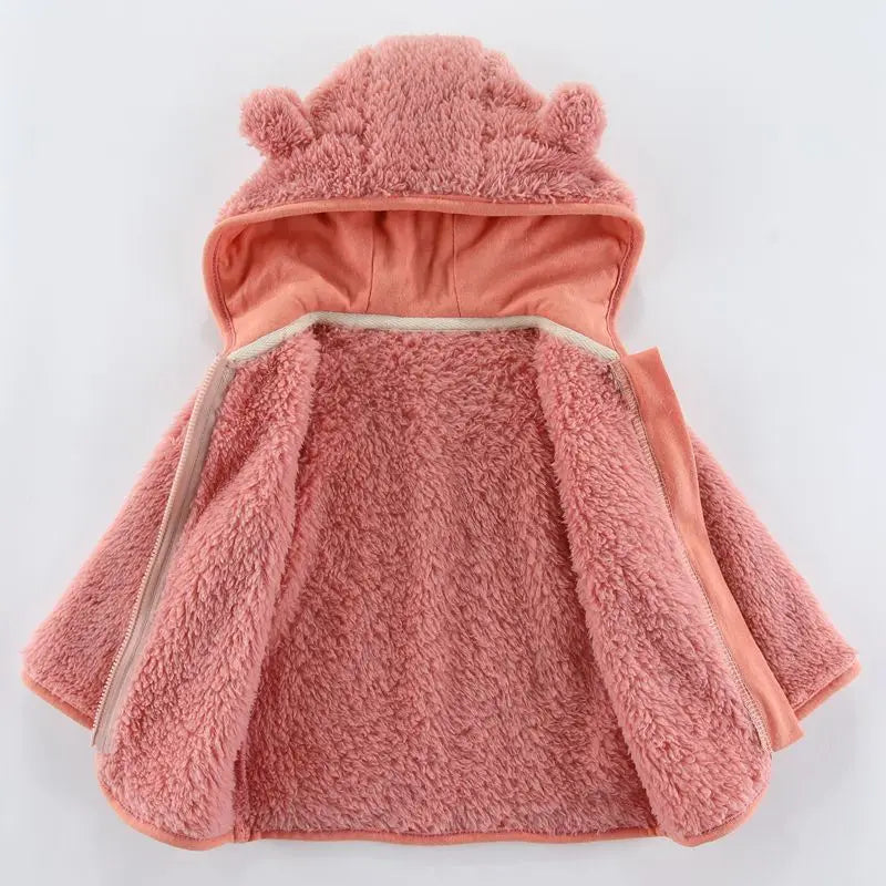 Adorable Spring and Autumn Fleece Coat for Children aged 0-3 years. Featuring cute bear ears and long sleeves.