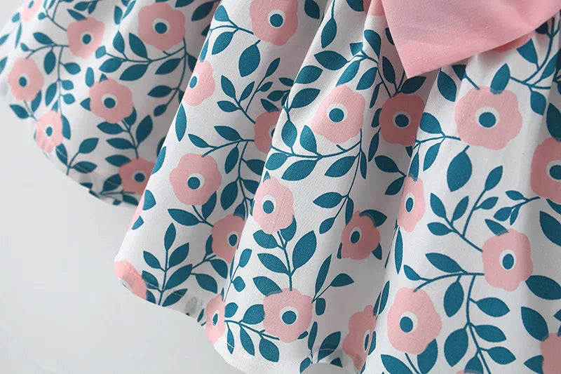2-Piece Girls’ Summer Dress – Round Neck with Cute Back Big Bow, Cotton Skirt, and Matching Hat for Children’s Clothing (6M-3Years)