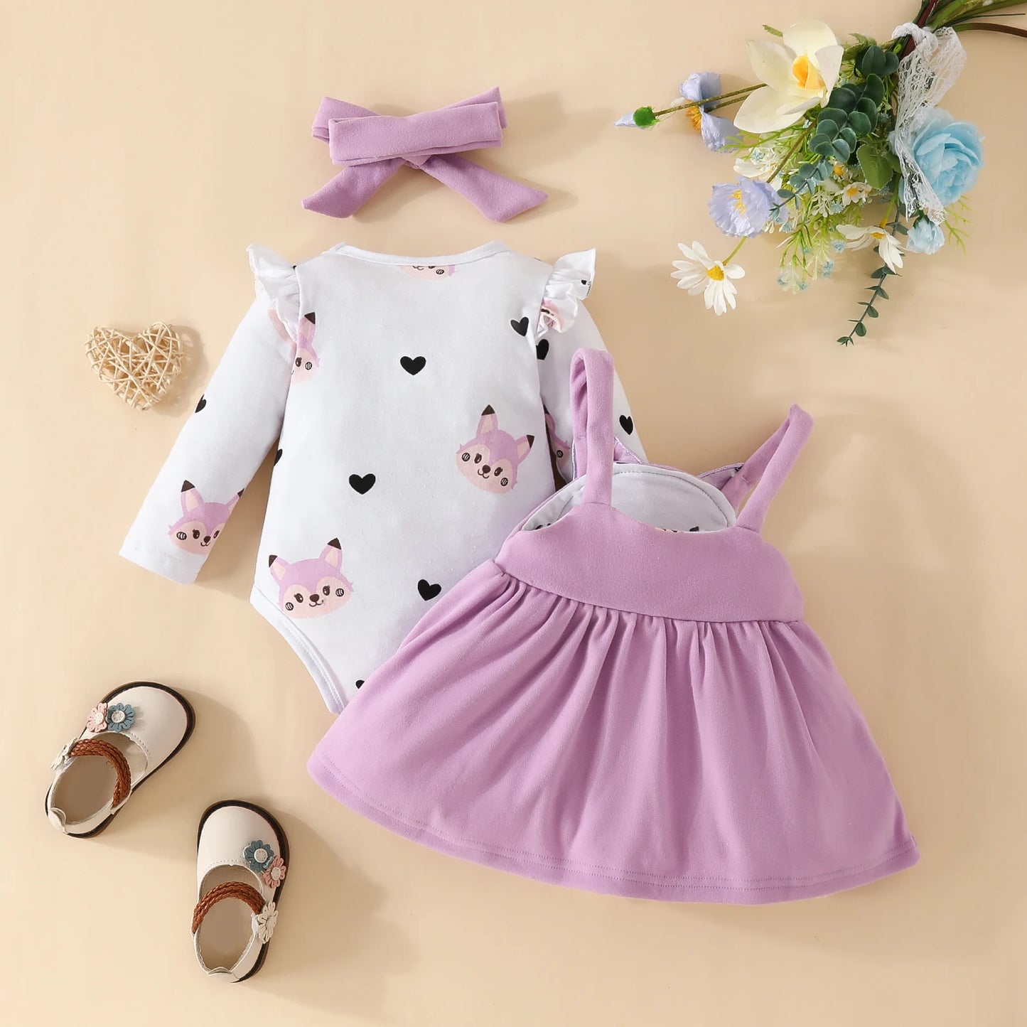 3PCS Baby Girl Fox Print Long Sleeve Onesie with Triangle Bib, Fox Plush Embroidery Overall Dress Set